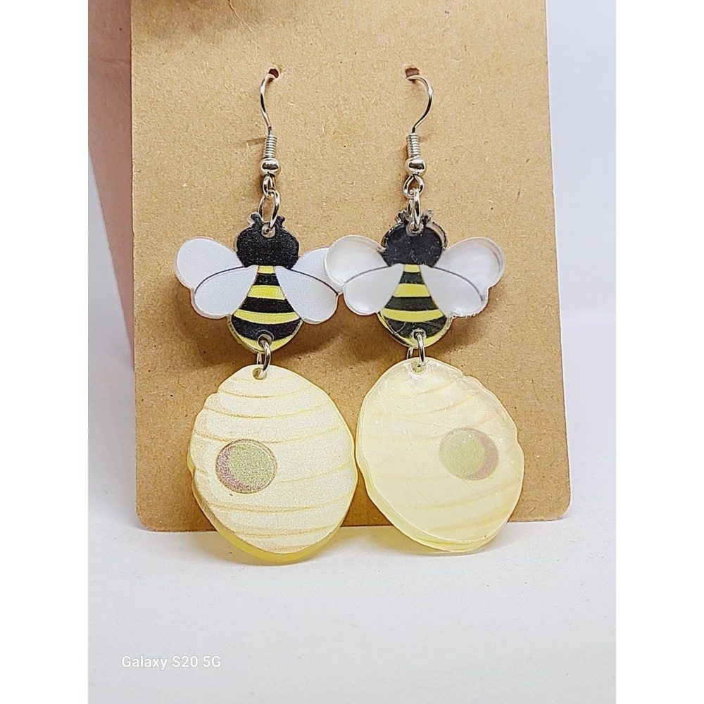 Handmade Bumble Bee and Beehive Acrylic Dropโ Earrings Yellow Nature Jewelry